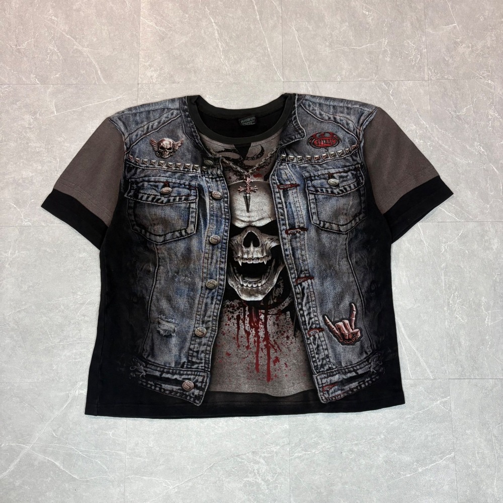 Spiral Direct Mens Skull Denim Vest Graphic T-Shirt XL Black Gothic Rocker 2467